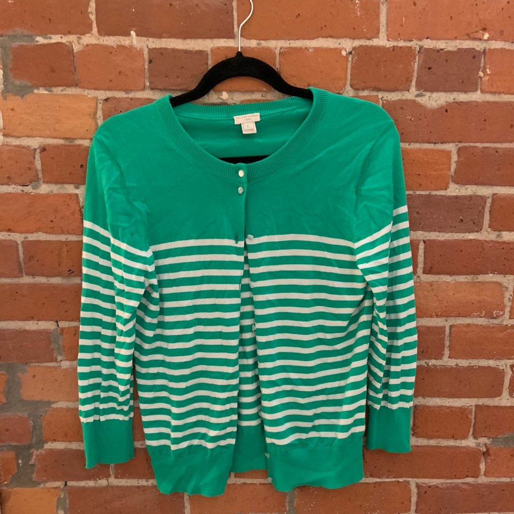 J Crew Green and White Striped Clare Cardigan
